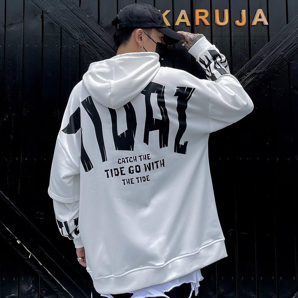 Men's Fake 2 Pieces Hoodie featuring letter print and big pockets, designed for casual streetwear in black and white colors.