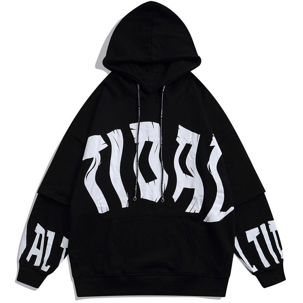 Men's Fake 2 Pieces Hoodie featuring letter print and big pockets, designed for casual streetwear in black and white colors.