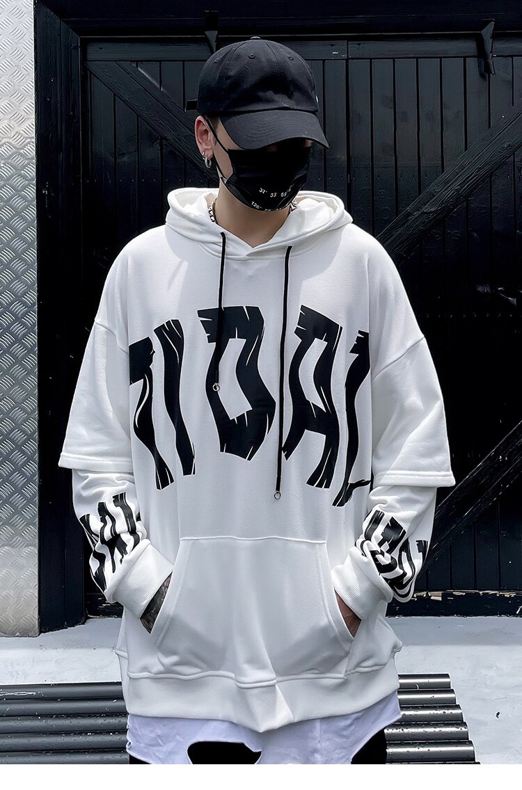 Men's Fake 2 Pieces Hoodie featuring letter print and big pockets, designed for casual streetwear in black and white colors.