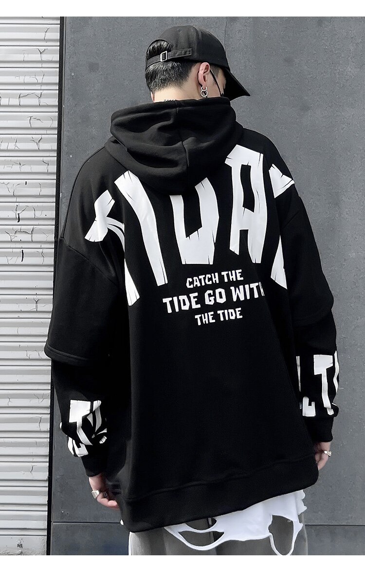 Men's Fake 2 Pieces Hoodie featuring letter print and big pockets, designed for casual streetwear in black and white colors.