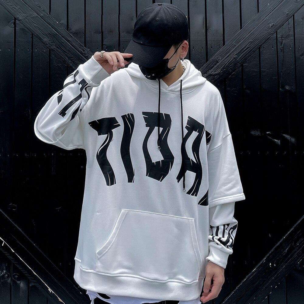 Men's Fake 2 Pieces Hoodie featuring letter print and big pockets, designed for casual streetwear in black and white colors.