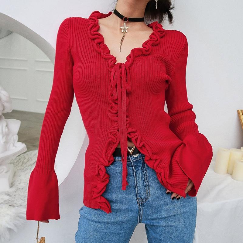 A stylish Fall New Arrival Slim V-Neck Ruffle Women Buttons Sweater featuring flare sleeves and ruffle details, perfect for autumn layering.