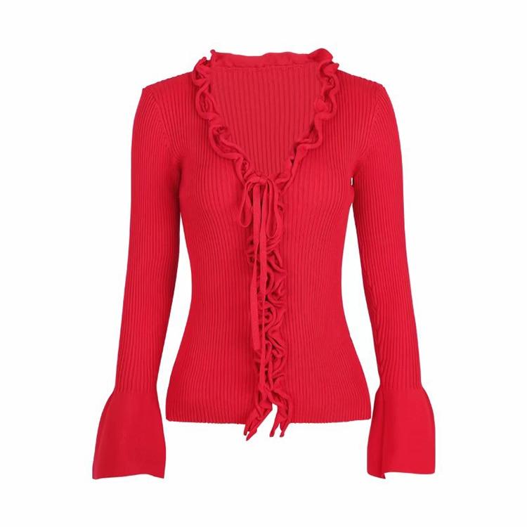 A stylish Fall New Arrival Slim V-Neck Ruffle Women Buttons Sweater featuring flare sleeves and ruffle details, perfect for autumn layering.