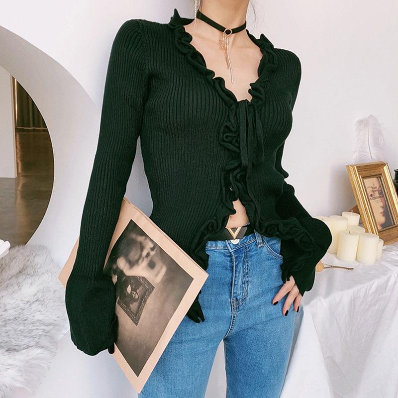 A stylish Fall New Arrival Slim V-Neck Ruffle Women Buttons Sweater featuring flare sleeves and ruffle details, perfect for autumn layering.