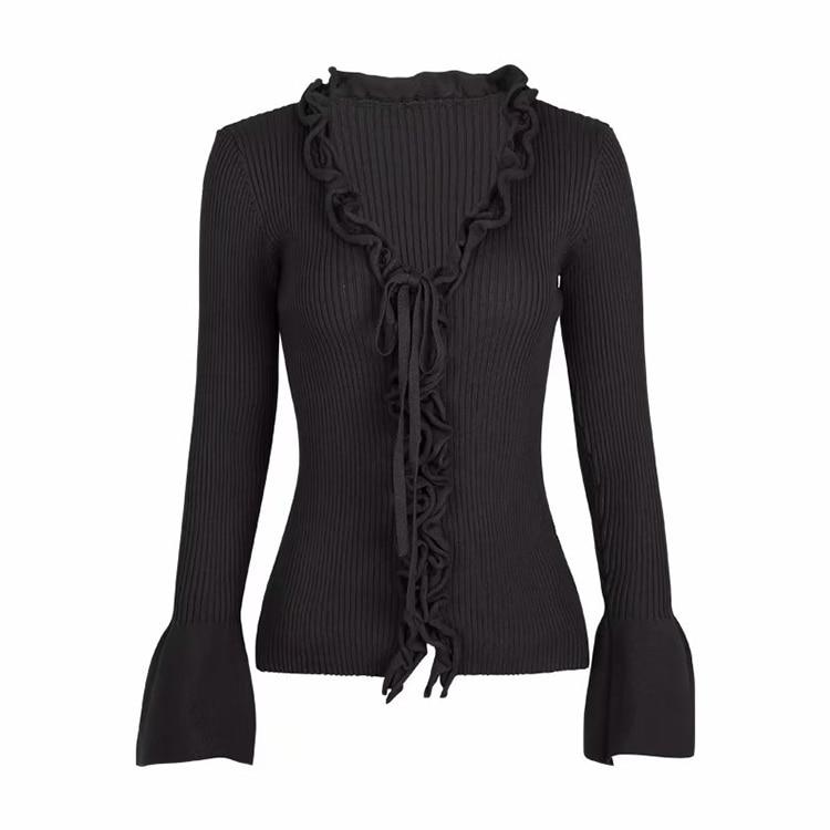 A stylish Fall New Arrival Slim V-Neck Ruffle Women Buttons Sweater featuring flare sleeves and ruffle details, perfect for autumn layering.