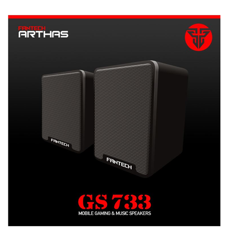 Fantech GS733 Desktop Mini Portable USB 2.0 Wired Multimedia Computer speakers in black and white, showcasing their compact design and connectivity options.