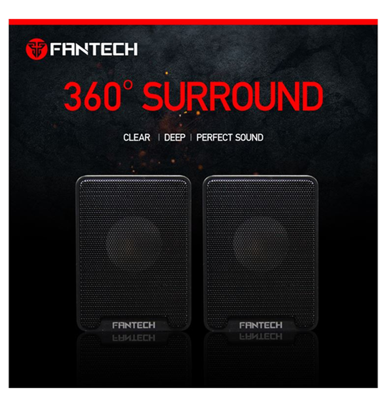 Fantech GS733 Desktop Mini Portable USB 2.0 Wired Multimedia Computer speakers in black and white, showcasing their compact design and connectivity options.