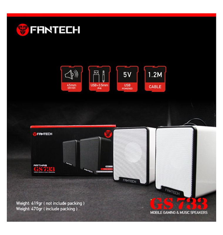 Fantech GS733 Desktop Mini Portable USB 2.0 Wired Multimedia Computer speakers in black and white, showcasing their compact design and connectivity options.