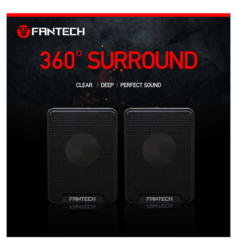 Fantech GS733 Desktop Mini Portable USB 2.0 Wired Multimedia Computer speakers in black and white, showcasing their compact design and connectivity options.