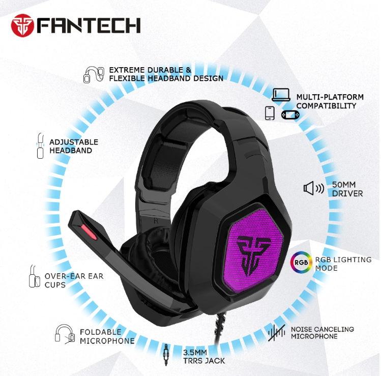 Fantech MH83 Stereo 7.1 Over Ear RGB Gaming Headphones with noise-cancelling microphone and RGB lighting.