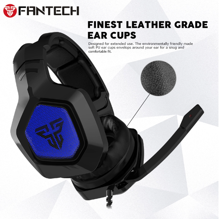 Fantech MH83 Stereo 7.1 Over Ear RGB Gaming Headphones with noise-cancelling microphone and RGB lighting.