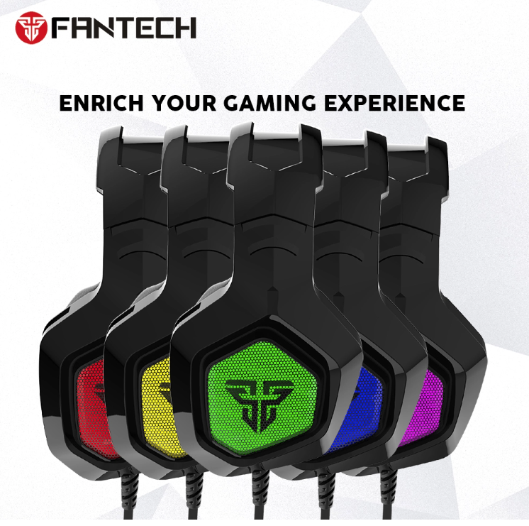 Fantech MH83 Stereo 7.1 Over Ear RGB Gaming Headphones with noise-cancelling microphone and RGB lighting.