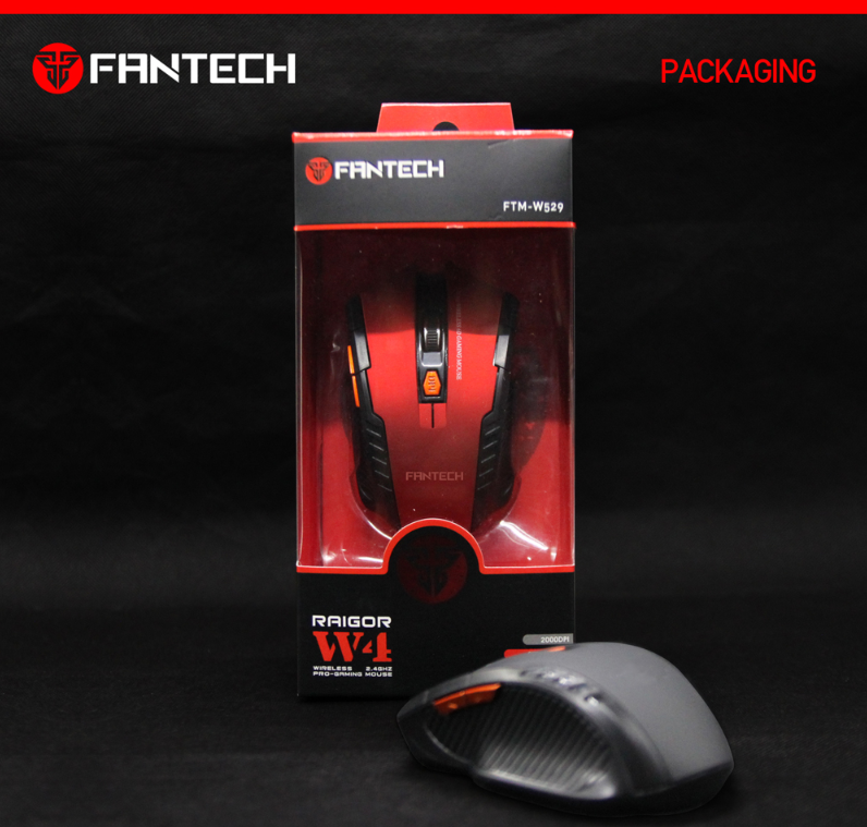 Fantech W4 Raigor Wireless Gaming Mouse in red color, featuring ergonomic design and six buttons for gaming.