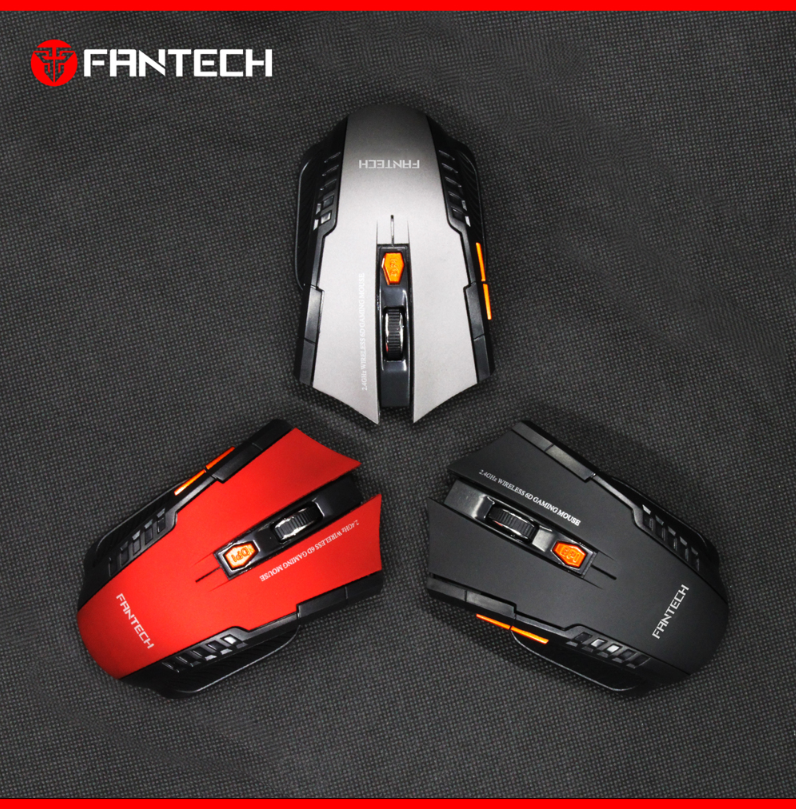 Fantech W4 Raigor Wireless Gaming Mouse in red color, featuring ergonomic design and six buttons for gaming.