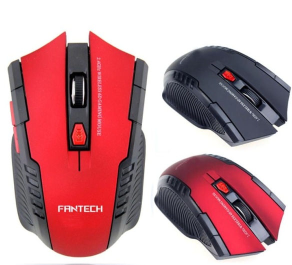 Fantech W4 Raigor Wireless Gaming Mouse in red color, featuring ergonomic design and six buttons for gaming.