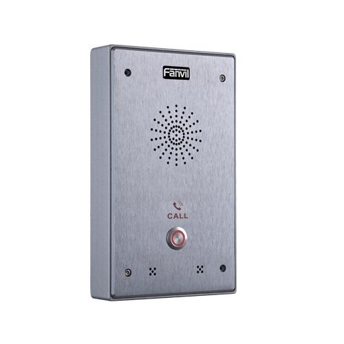 Fanvil i12 Outdoor Audio Intercom with single button, rugged aluminum casing, and IP65 weatherproof rating, suitable for outdoor use.