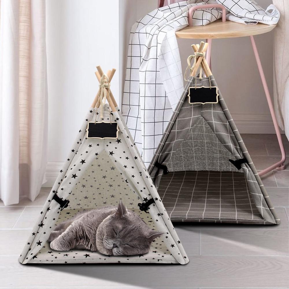 Fashion Cat Tent Nest in gray, blue, and white colors, featuring a thick cushion and cozy design for cats and small dogs.