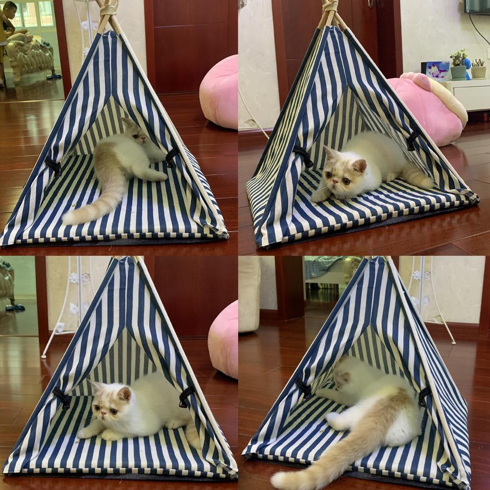 Fashion Cat Tent Nest in gray, blue, and white colors, featuring a thick cushion and cozy design for cats and small dogs.