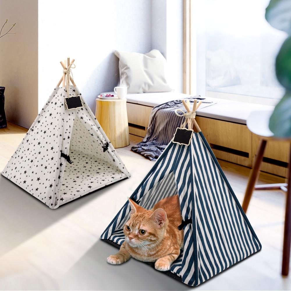 Fashion Cat Tent Nest in gray, blue, and white colors, featuring a thick cushion and cozy design for cats and small dogs.