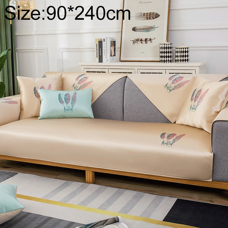 Feather Pattern Summer Ice Silk Non-slip Full Coverage Sofa Cover displayed on a sofa, showcasing its vibrant colors and elegant design.