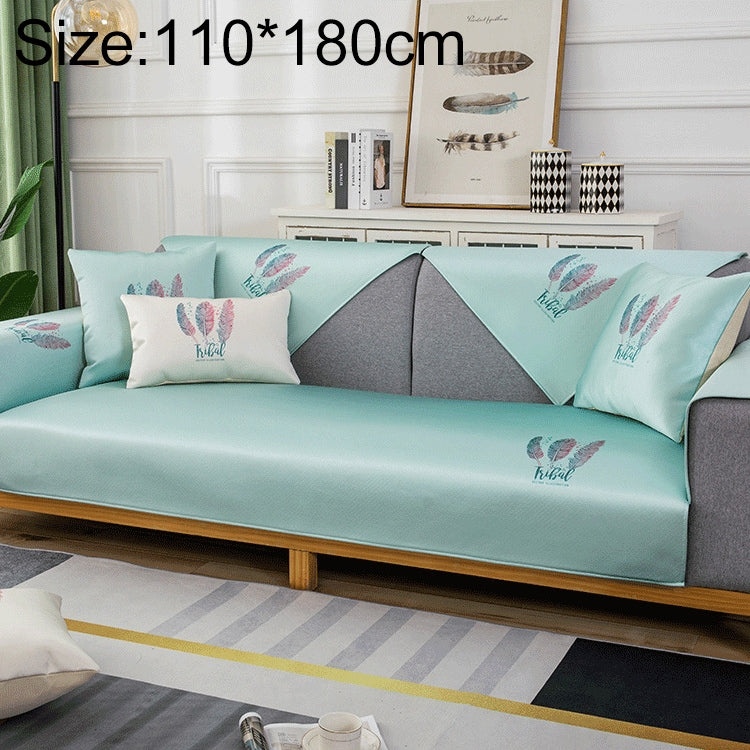 Feather Pattern Summer Ice Silk Non-slip Full Coverage Sofa Cover displayed on a sofa, showcasing its elegant design and texture.