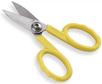 Fibre Optic Kevlar® Shears with ergonomic handles and micro-serrated blades, ideal for cutting Kevlar and other materials.