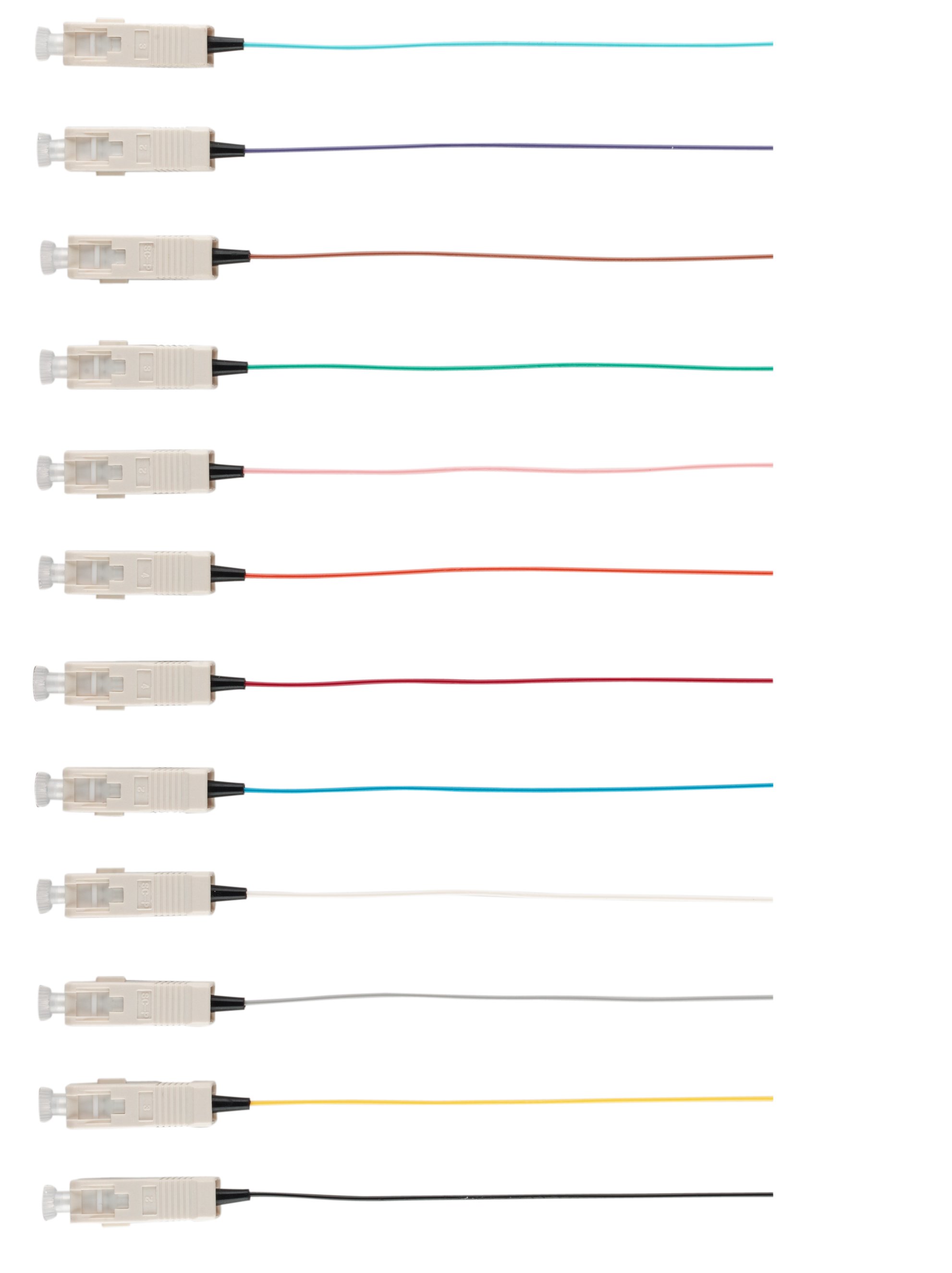 Fibre Pigtail SC OM4 Multimode 2m - 12 pack Rainbow with color-coded connectors for high-speed network connections.