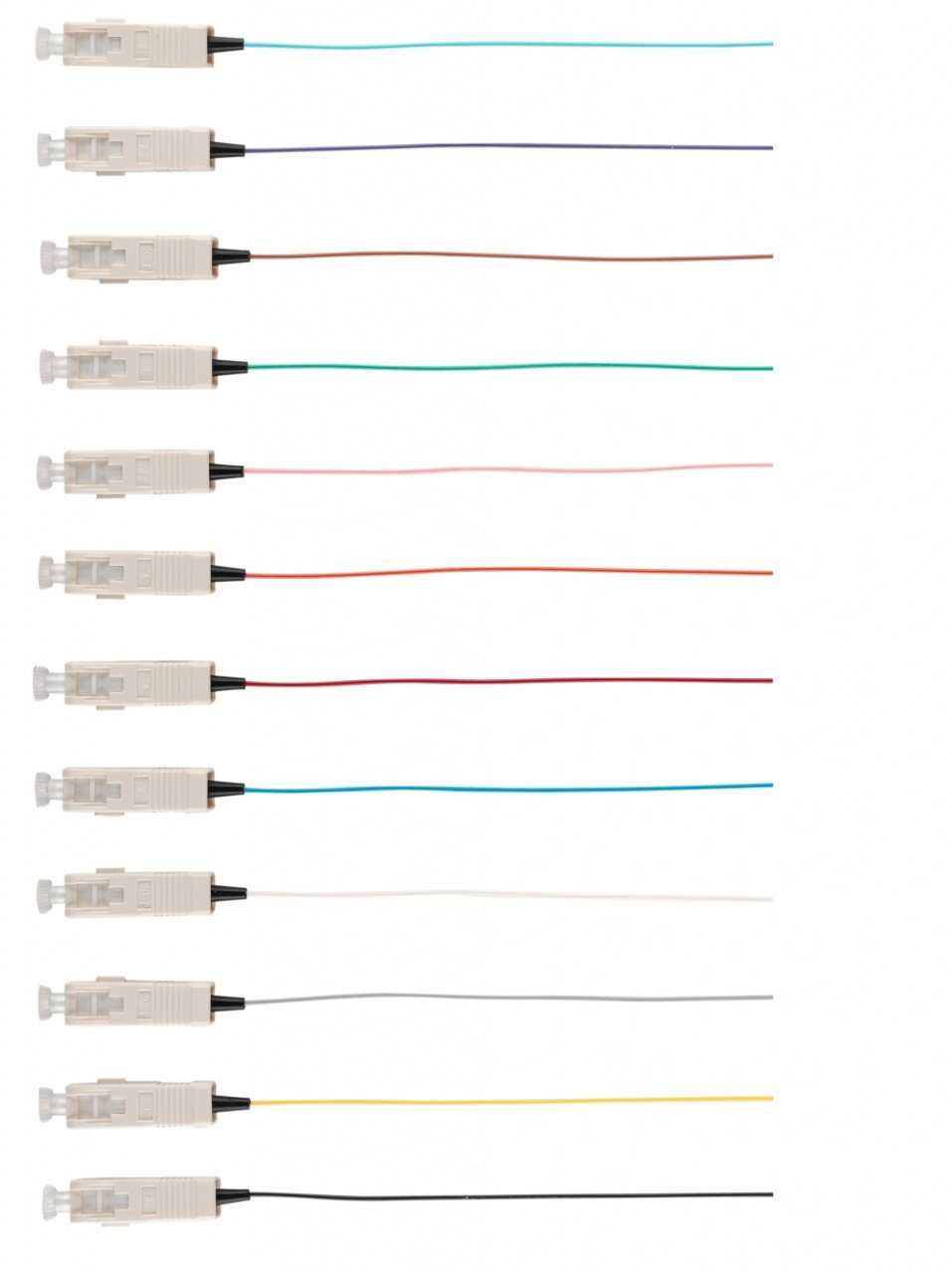 Fibre Pigtail SC OS1/OS2 Singlemode 2m - 12 pack Rainbow with color-coded connectors for high-speed network connections.