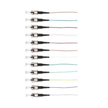 Fibre Pigtail ST OM4 Multimode 2m in a 12 pack, featuring vibrant rainbow colors for easy identification and high-speed network connectivity.