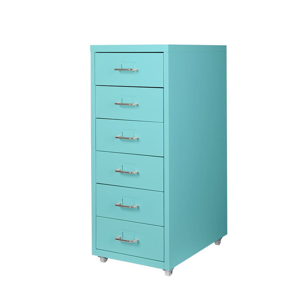 A Tiffany blue 6-tier steel filing cabinet with wheels, designed for home office organization.