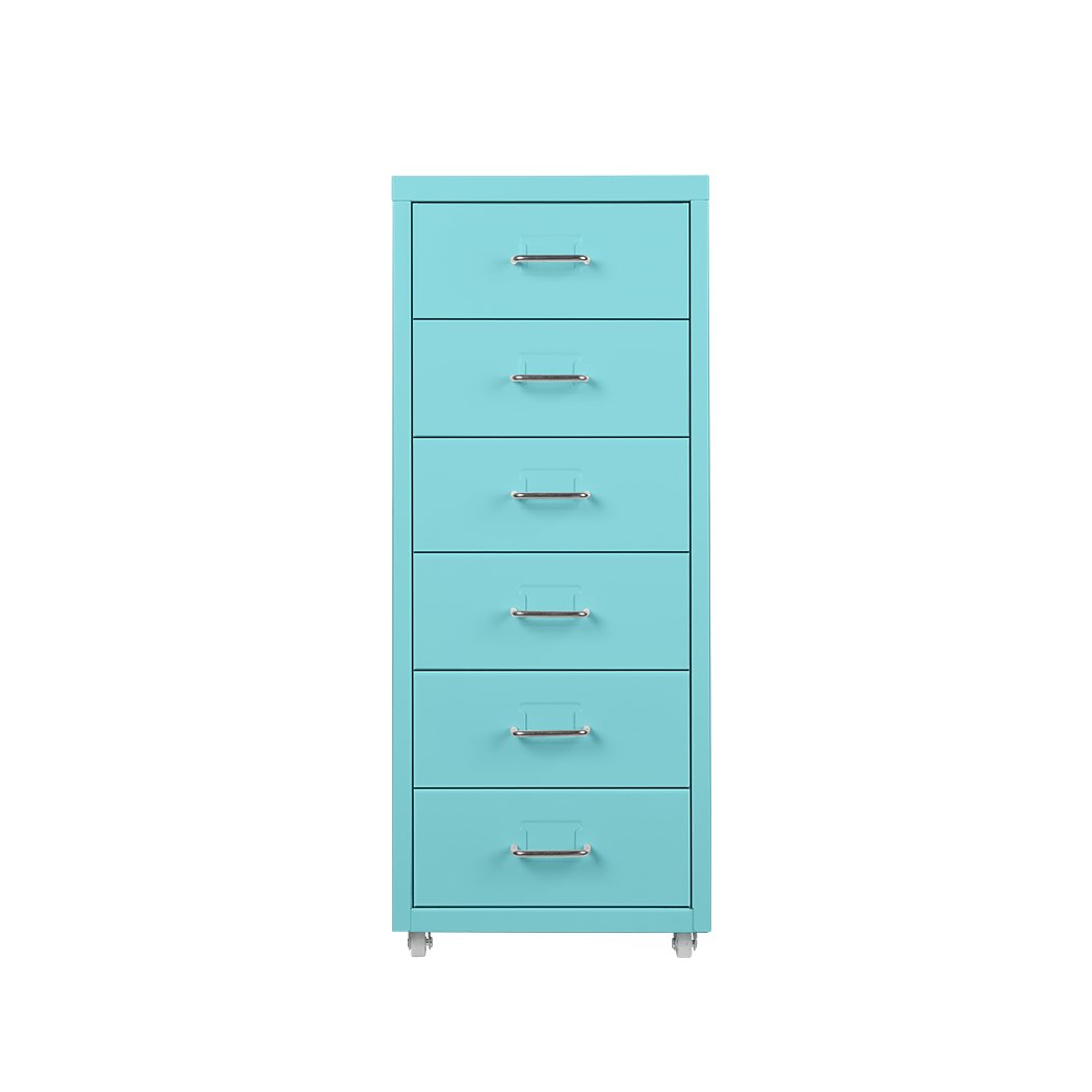 A Tiffany blue 6-tier steel filing cabinet with wheels, designed for home office organization.