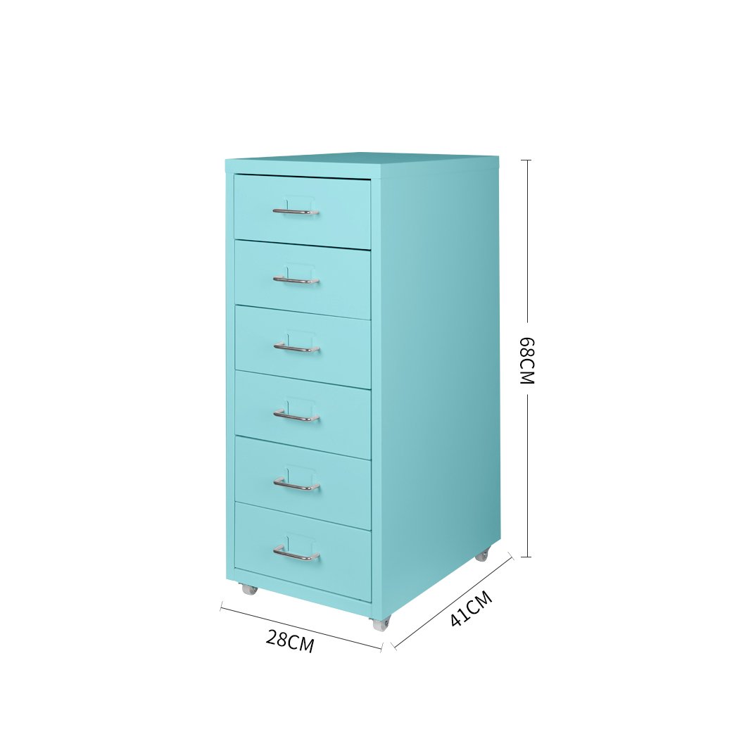 A Tiffany blue 6-tier steel filing cabinet with wheels, designed for home office organization.