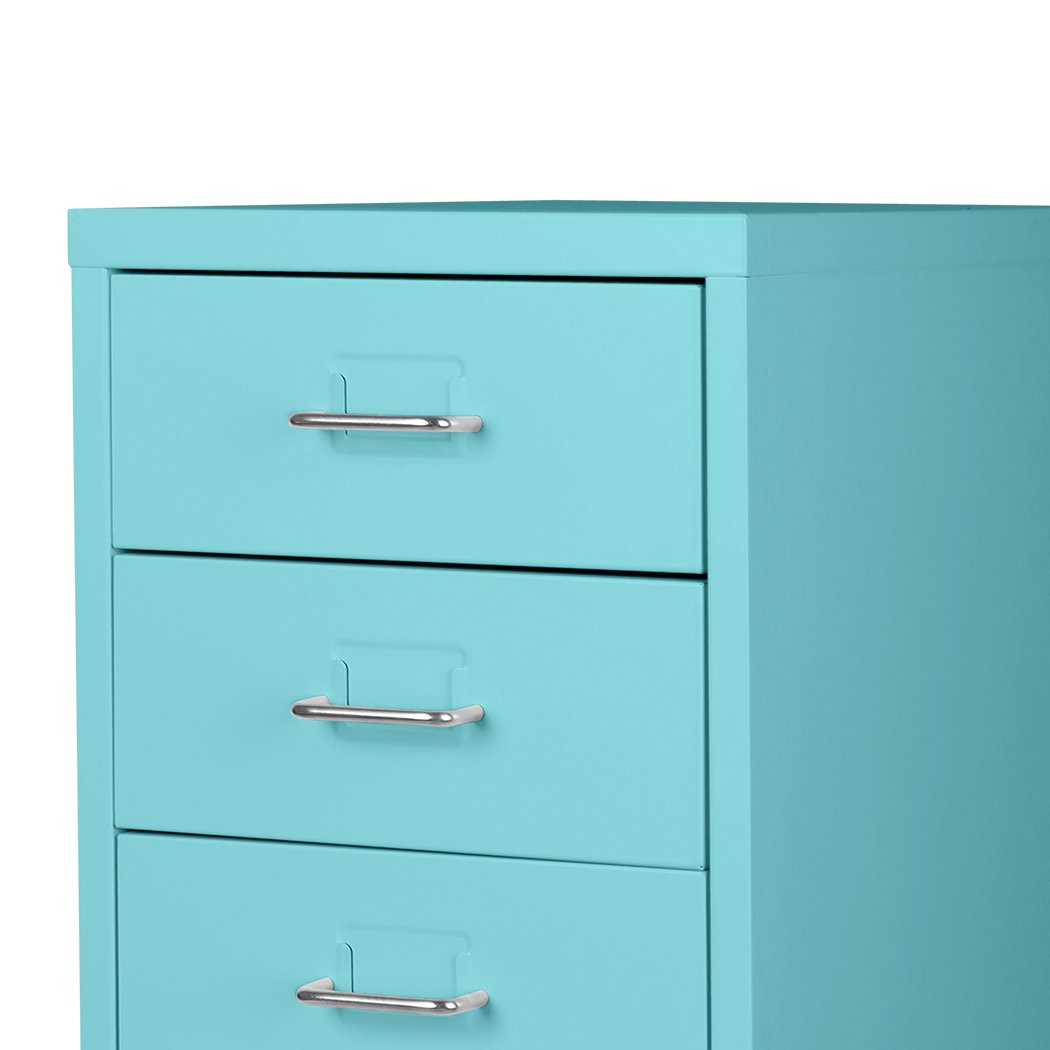 A Tiffany blue 6-tier steel filing cabinet with wheels, designed for home office organization.