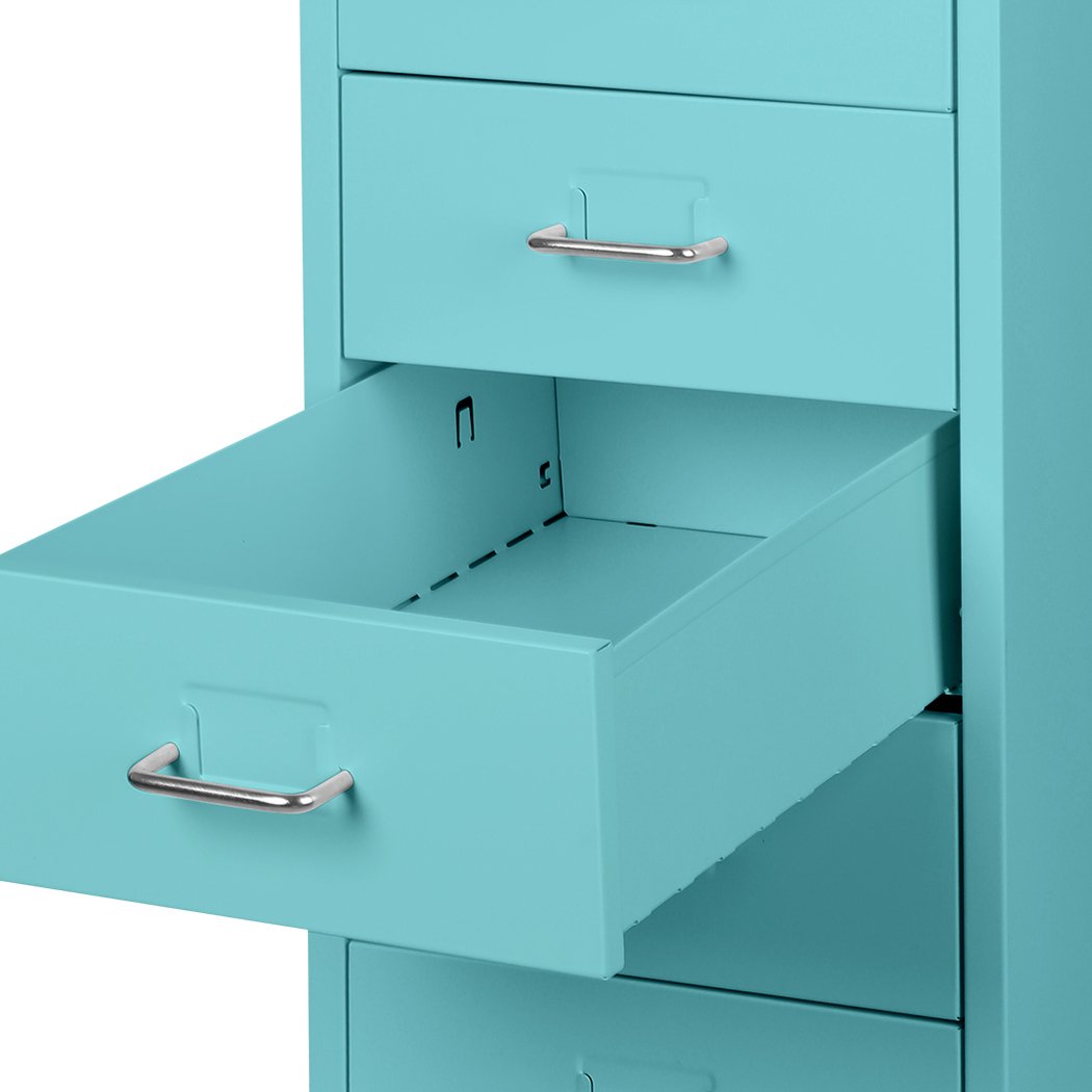 A Tiffany blue 6-tier steel filing cabinet with wheels, designed for home office organization.