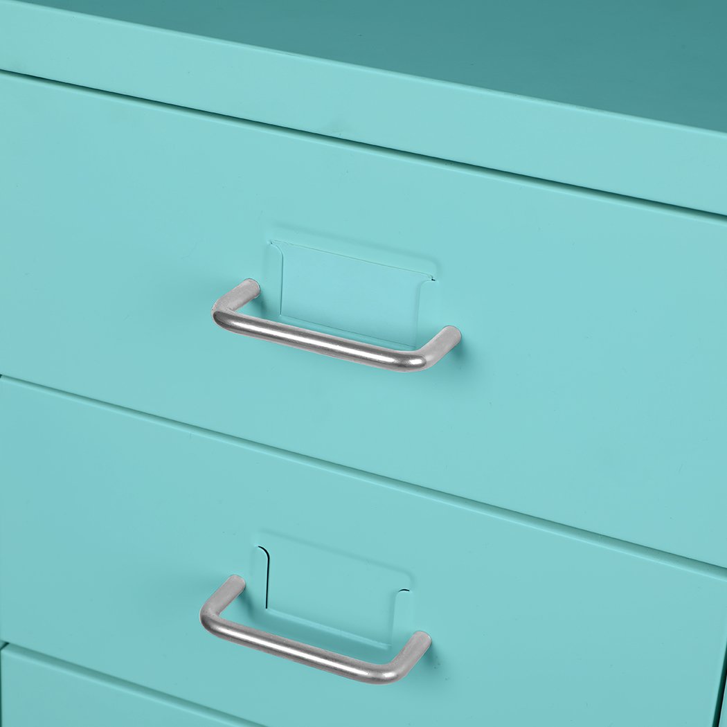 A Tiffany blue 6-tier steel filing cabinet with wheels, designed for home office organization.