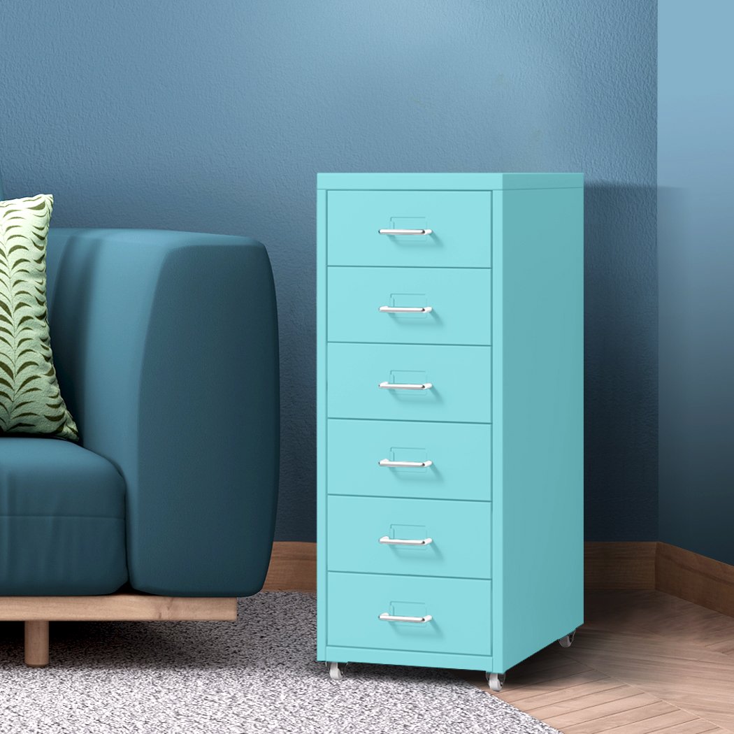 A Tiffany blue 6-tier steel filing cabinet with wheels, designed for home office organization.