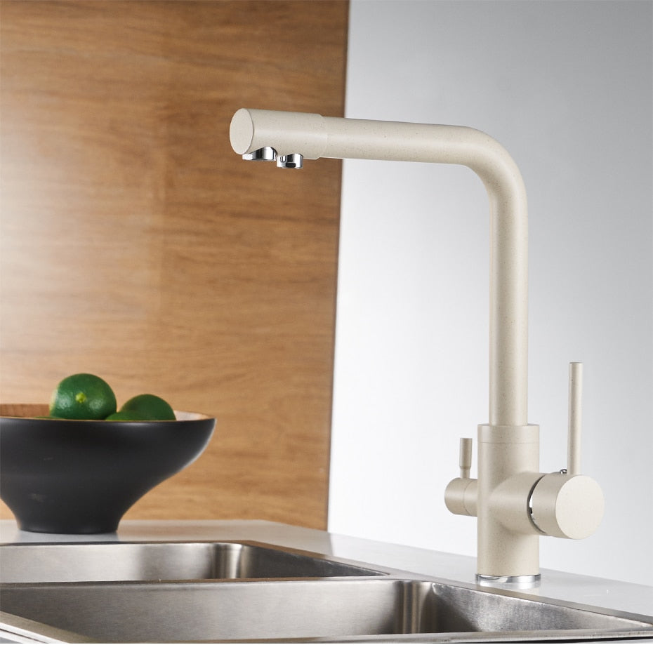 Filter Kitchen Faucet with 360° rotation and dual handles, showcasing brass construction and contemporary design.