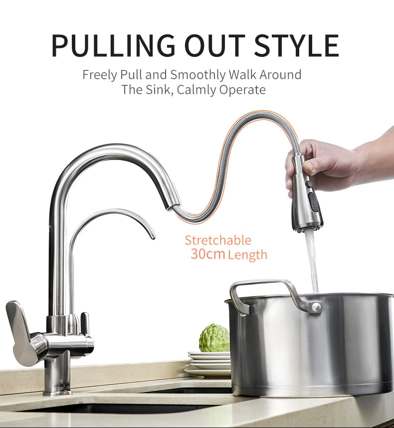 Filter Kitchen Faucet with 360° rotation and dual handles, showcasing brass construction and contemporary design.