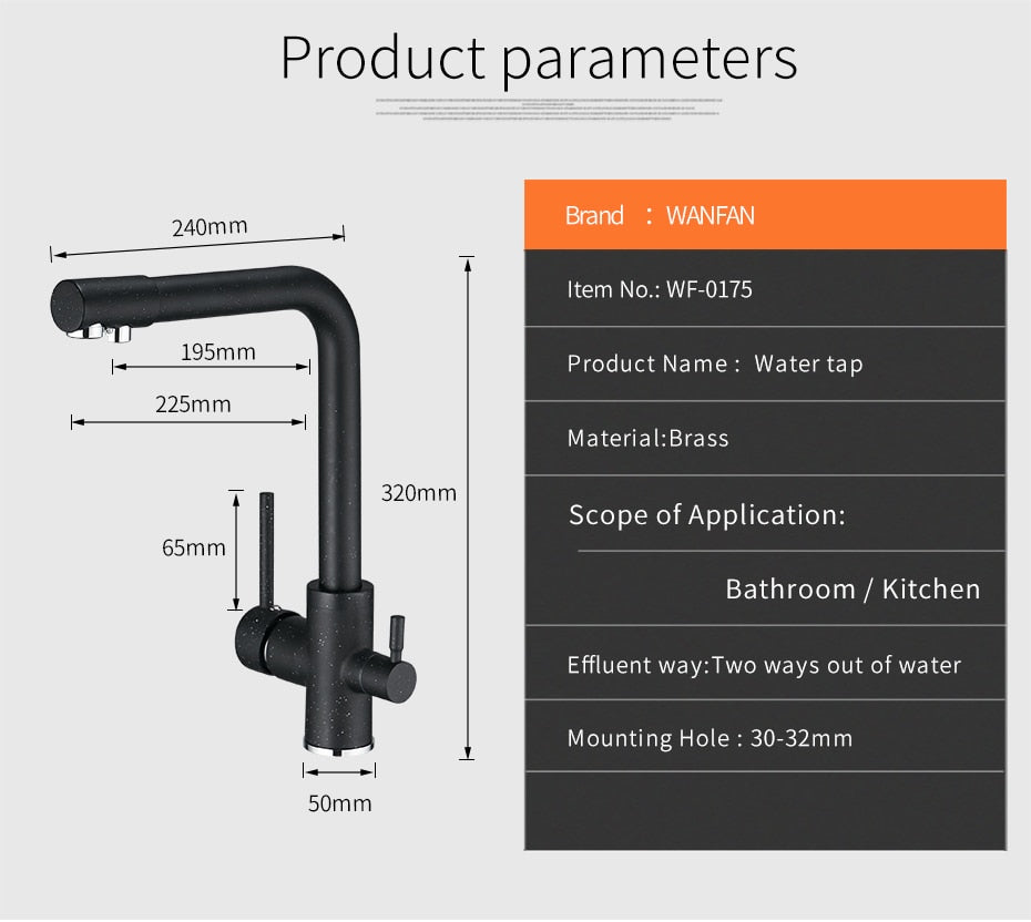 Filter Kitchen Faucet with 360° rotation and dual handles, showcasing brass construction and contemporary design.