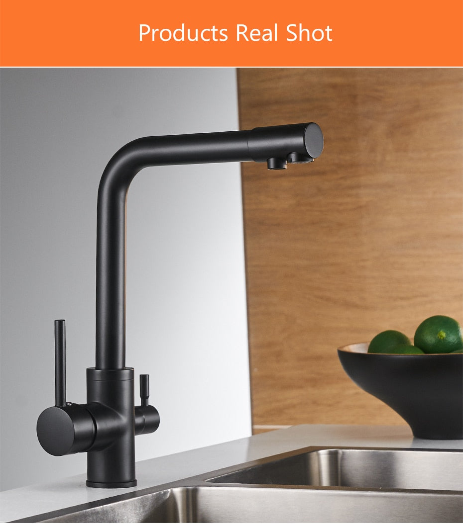 Filter Kitchen Faucet with 360° rotation and dual handles, showcasing brass construction and contemporary design.