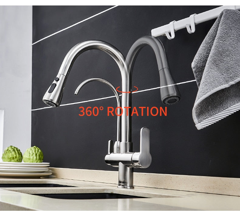 Filter Kitchen Faucet with 360° rotation and dual handles, showcasing brass construction and contemporary design.