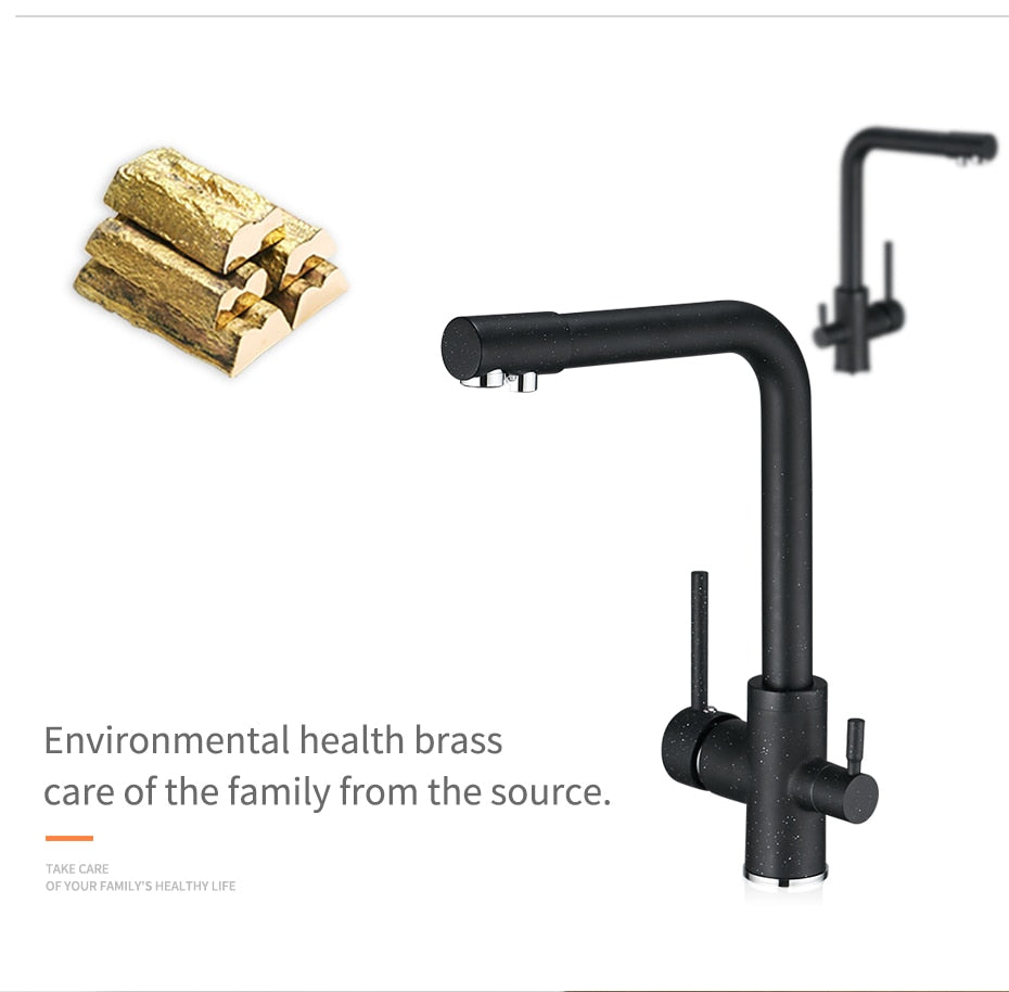 Filter Kitchen Faucet with 360° rotation and dual handles, showcasing brass construction and contemporary design.