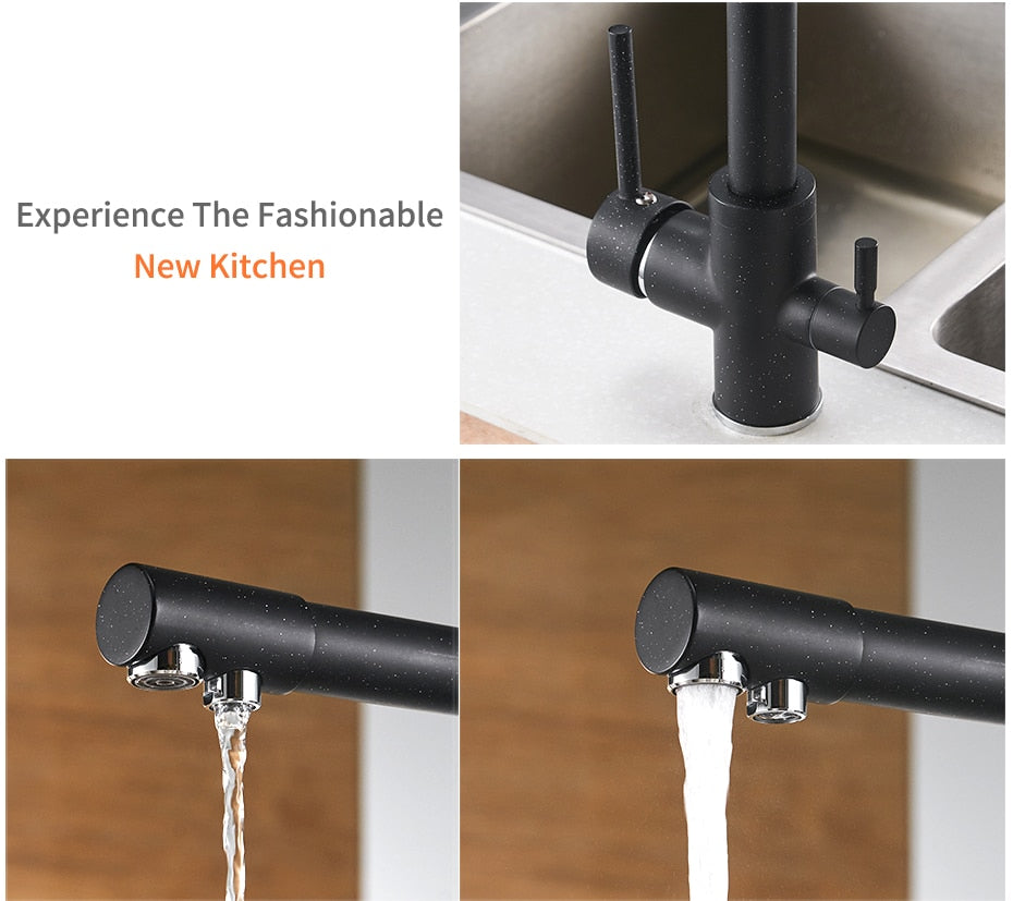 Filter Kitchen Faucet with 360° rotation and dual handles, showcasing brass construction and contemporary design.