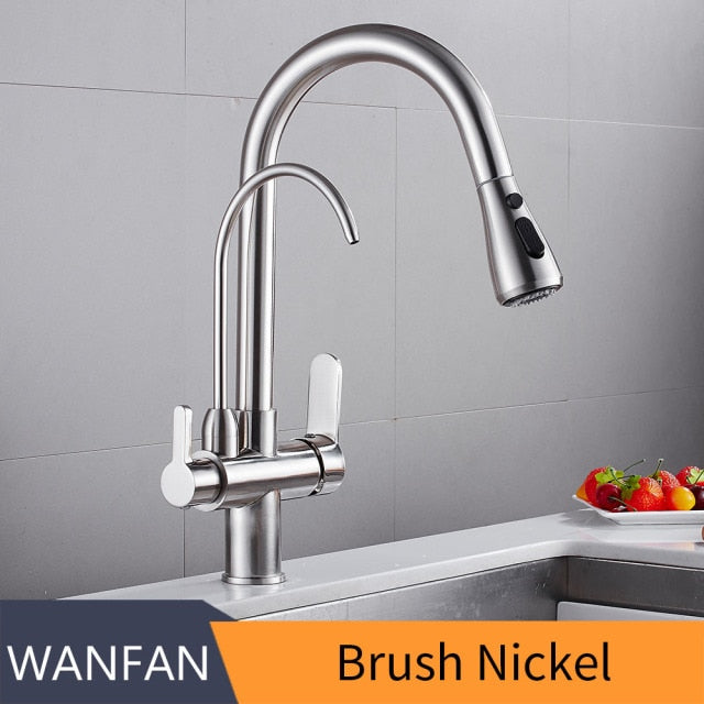 Filter Kitchen Faucet with 360° rotation and dual handles, showcasing brass construction and contemporary design.