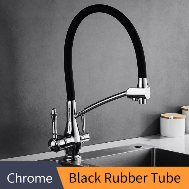 Filter Kitchen Faucet with 360° rotation and dual handles, showcasing brass construction and contemporary design.