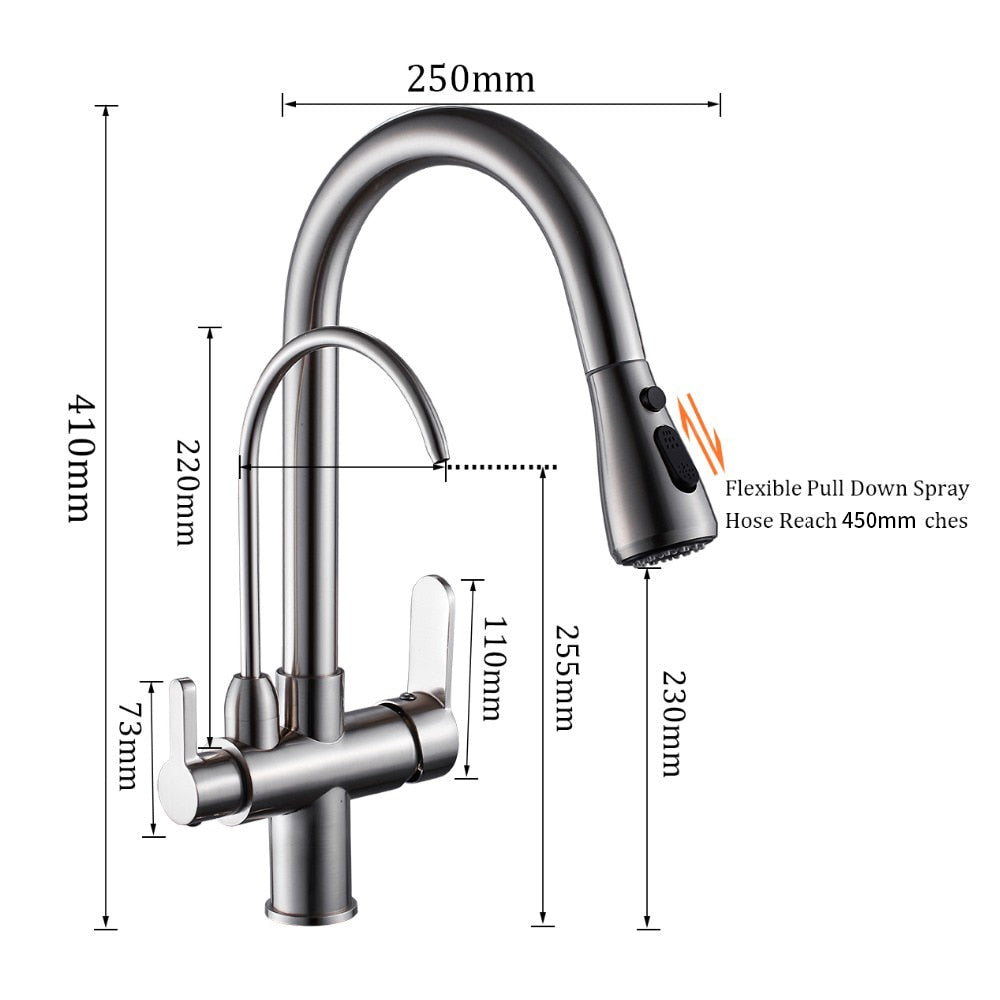 Filter Kitchen Faucet with 360° rotation and dual handles, showcasing brass construction and contemporary design.