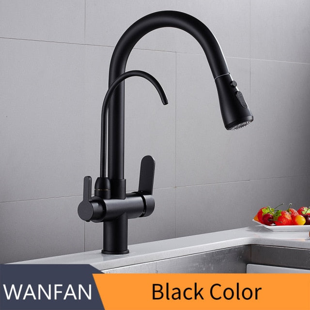 Filter Kitchen Faucet with 360° rotation and dual handles, showcasing brass construction and contemporary design.