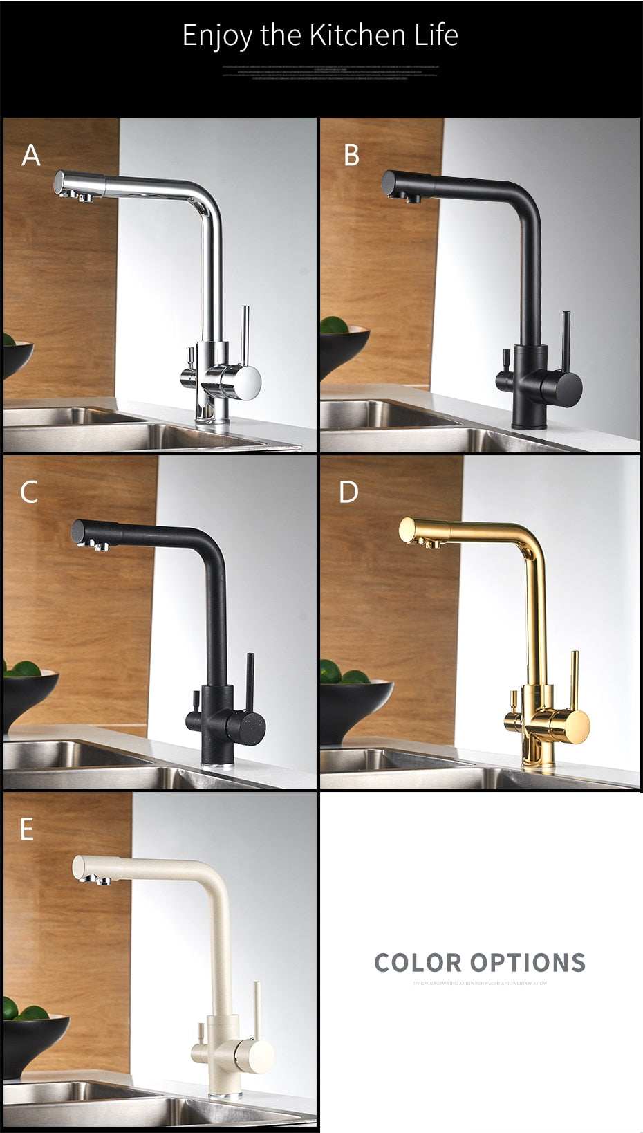 Filter Kitchen Faucet with 360° rotation and dual handles, showcasing brass construction and contemporary design.