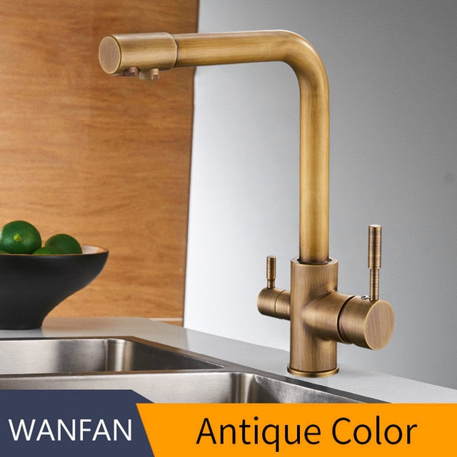 Filter Kitchen Faucet with 360° rotation and dual handles, showcasing brass construction and contemporary design.