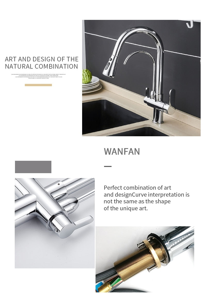 Filter Kitchen Faucet with 360° rotation and dual handles, showcasing brass construction and contemporary design.